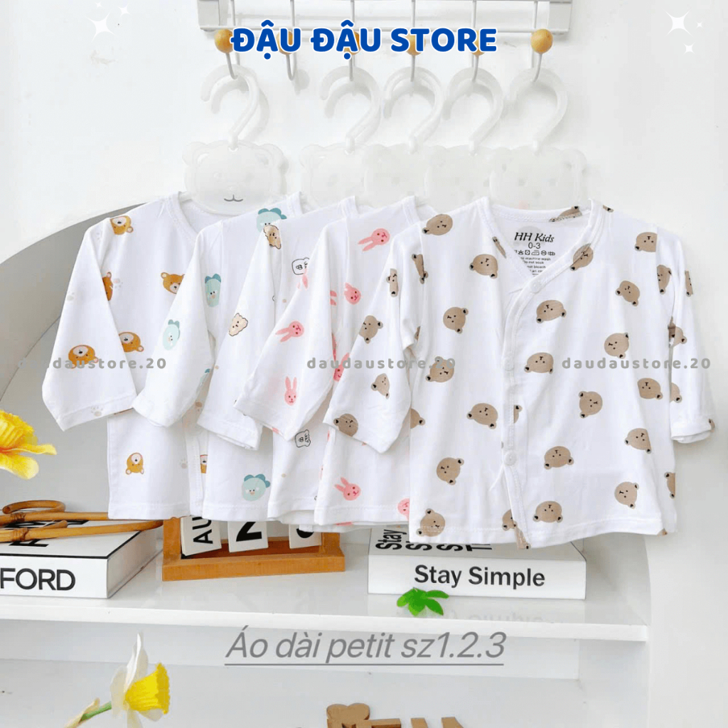 (Áo Dài Trắng) Set 3/5 Áo Dài Tay Vạt Chéo HH Nền Trắng In hoạ tiết cho bé sơ sinh 0-9 tháng [HH-AL07T] Đậu Đậu Store