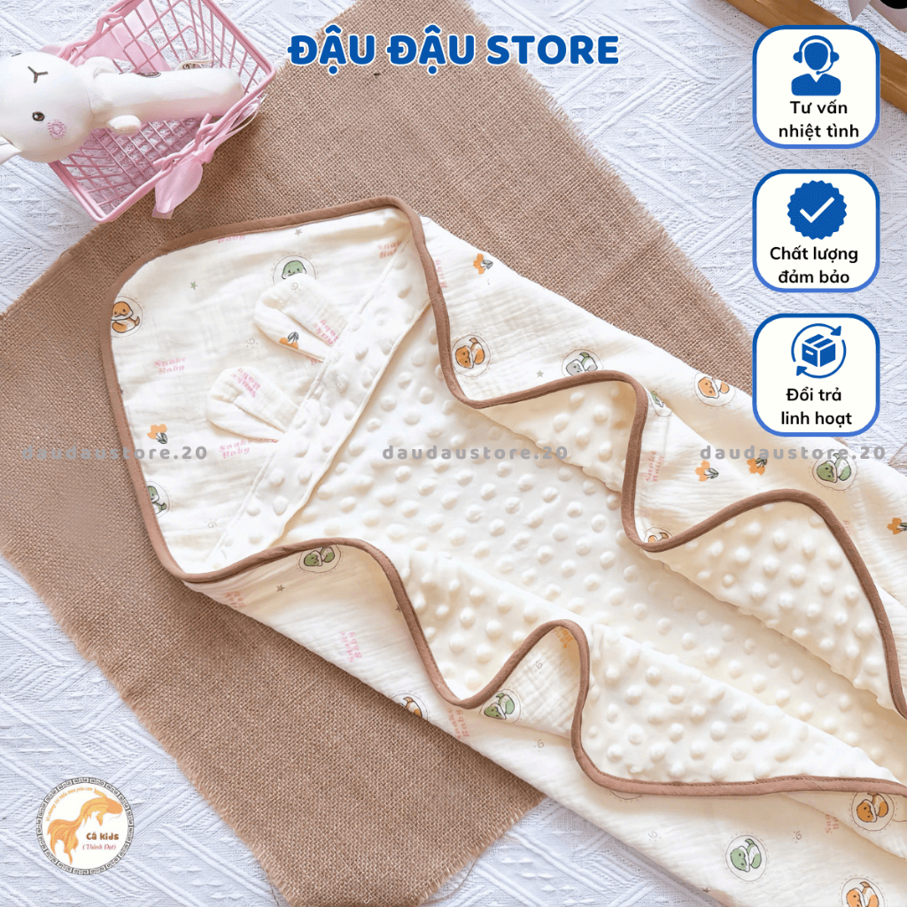 Chăn Ủ Choàng Hạt Đậu Xô Musulin 75x75cm Kết Hợp Vải Nhung Bi Cao Cấp, Mềm Mại, Thấm Hút Cho Bé Sơ Sinh - Đậu Đậu Store