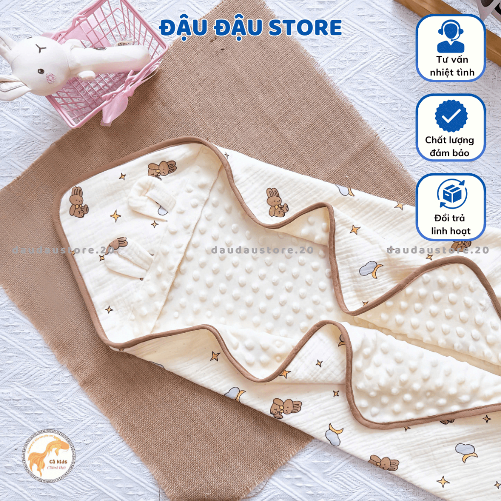 Chăn Ủ Choàng Hạt Đậu Xô Musulin 75x75cm Kết Hợp Vải Nhung Bi Cao Cấp, Mềm Mại, Thấm Hút Cho Bé Sơ Sinh - Đậu Đậu Store