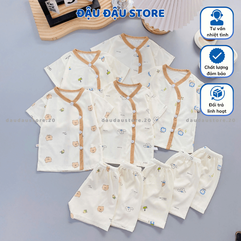 (BỘ CỘC TĂM) Set 3/5 Bộ Cộc Tay Sơ Sinh Tăm Lạnh Vạt Chéo LT in hoạ tiết mềm mịn Cho Bé Trai Gái 3-9kg Đậu Đậu Store