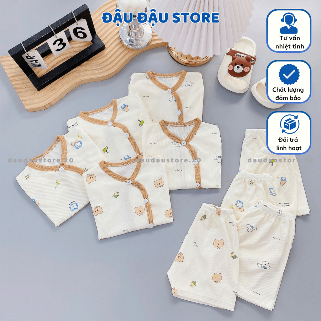 (BỘ CỘC TĂM) Set 3/5 Bộ Cộc Tay Sơ Sinh Tăm Lạnh Vạt Chéo LT in hoạ tiết mềm mịn Cho Bé Trai Gái 3-9kg Đậu Đậu Store