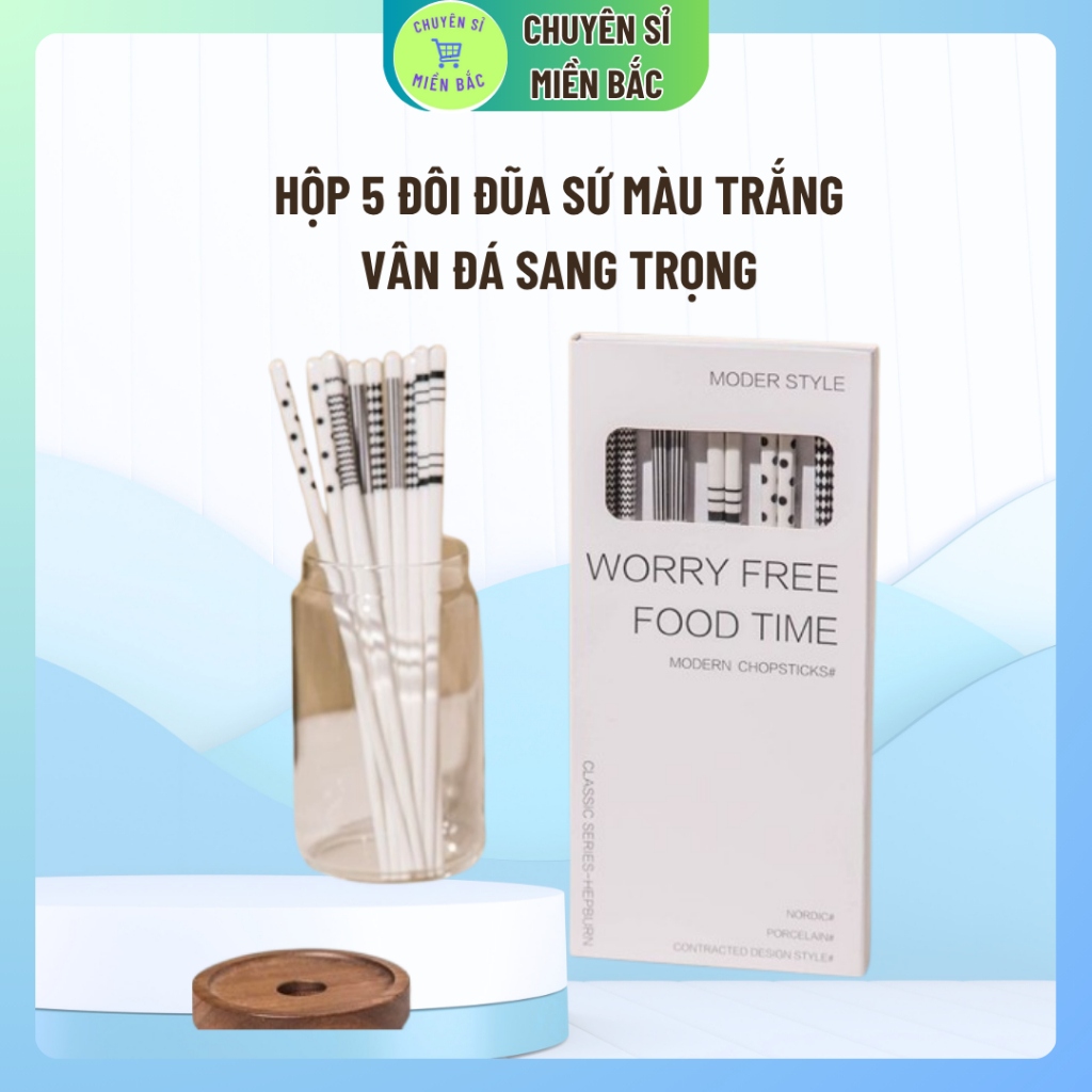 Hộp 5 Đôi Đũa Sứ Màu Trắng Vân Đá Sang Trọng Cao Cấp Phong Cách Châu Âu 25cm