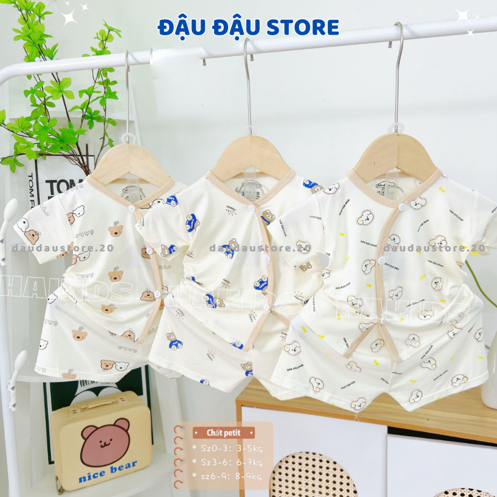 Set 2-3 Bộ Quần Áo Cộc Tay Sơ Sinh HH Thun Petit nền kem mềm mịn mát cho bé 0-9 tháng HH-CL06 Đậu Đậu Store