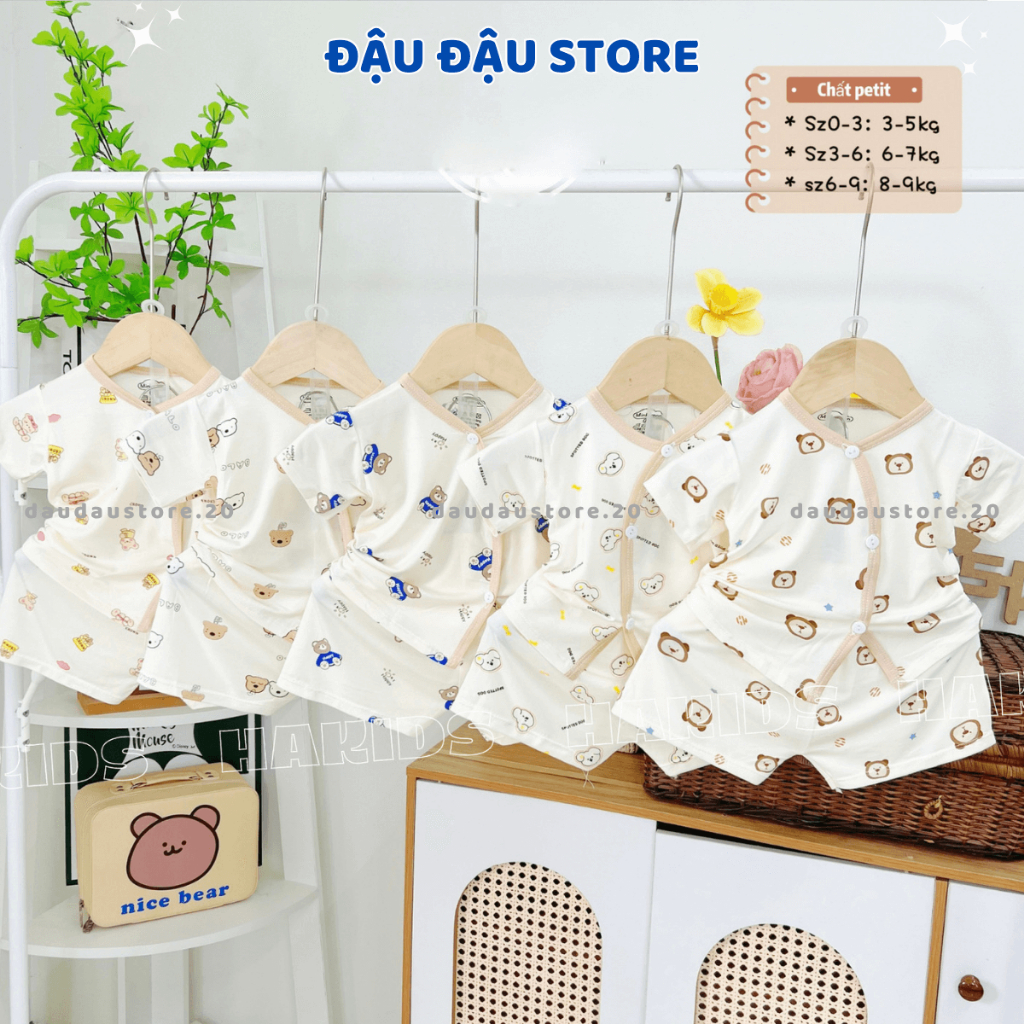Set 2-3 Bộ Quần Áo Cộc Tay Sơ Sinh HH Thun Petit nền kem mềm mịn mát cho bé 0-9 tháng HH-CL06 Đậu Đậu Store