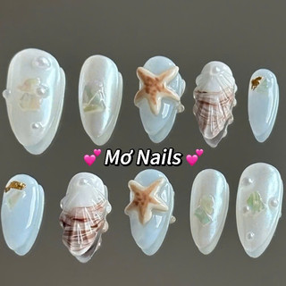 (Tặng hộp,keo) Nail Box Thiết Kế Móng Úp, Mong Giả Xanh Biển Vẽ Vỏ Sò Sao Biển Nổi Mùa Hè M28