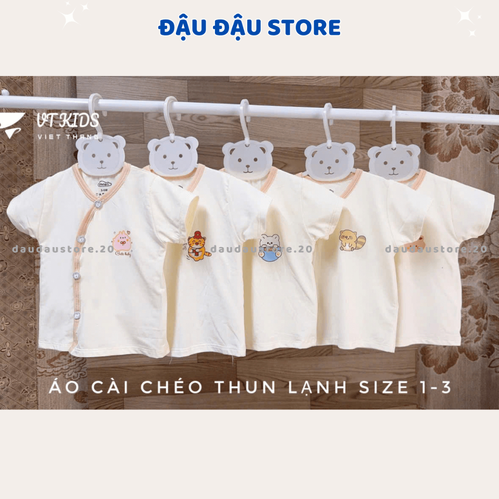 Set 3/5 Áo Cộc Tay Sơ Sinh VT Nền Kem Thun Lạnh In Ngực mềm mịn mát in hoạ tiết cho bé 3-9kg [AL09] Đậu Đậu Store