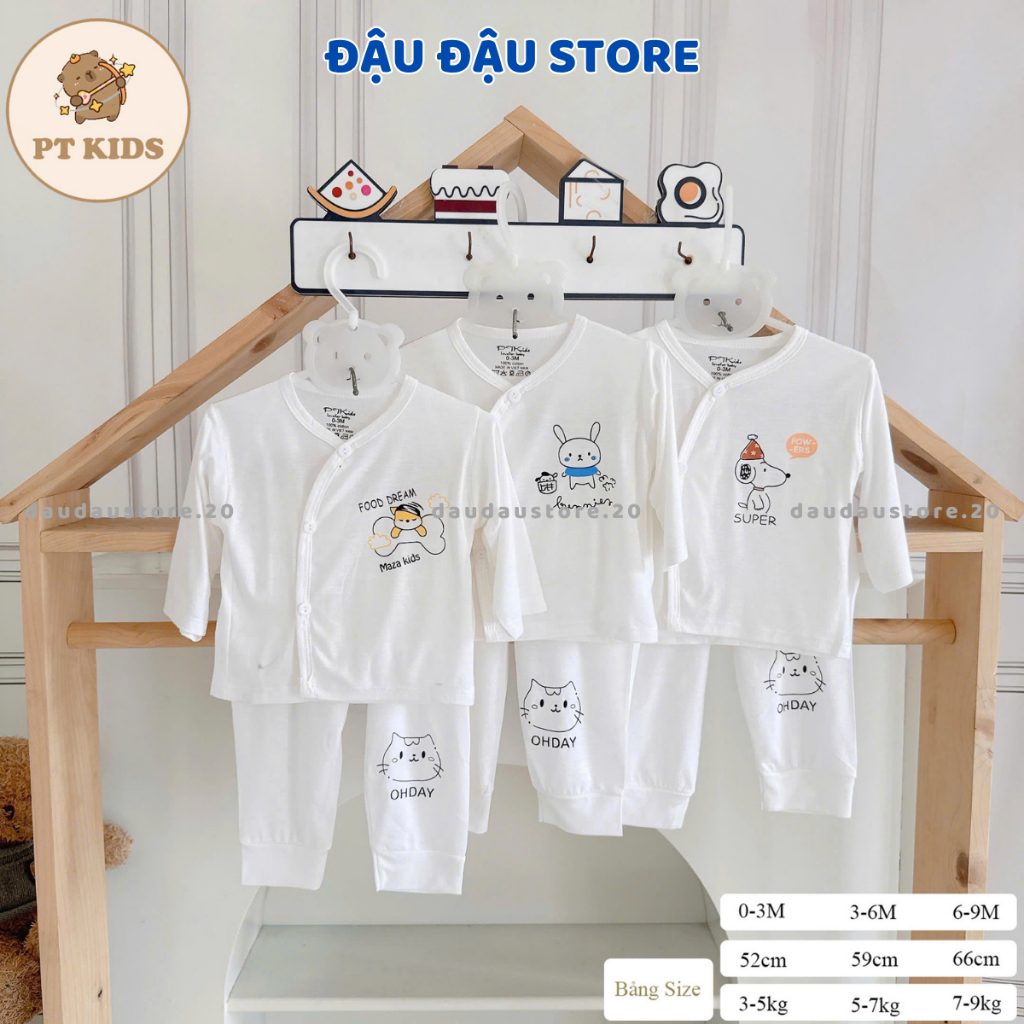 Set 5 bộ quần áo dài tay sơ sinh TT chất thun lạnh mềm mịn cho bé trắng in hoạ tiết cho bé 0 - 9 tháng DL0 Đậu Đậu Store