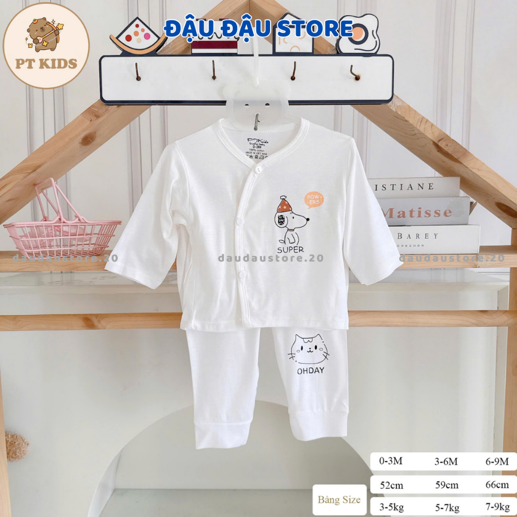 Set 5 bộ quần áo dài tay sơ sinh TT chất thun lạnh mềm mịn cho bé trắng in hoạ tiết cho bé 0 - 9 tháng DL0 Đậu Đậu Store