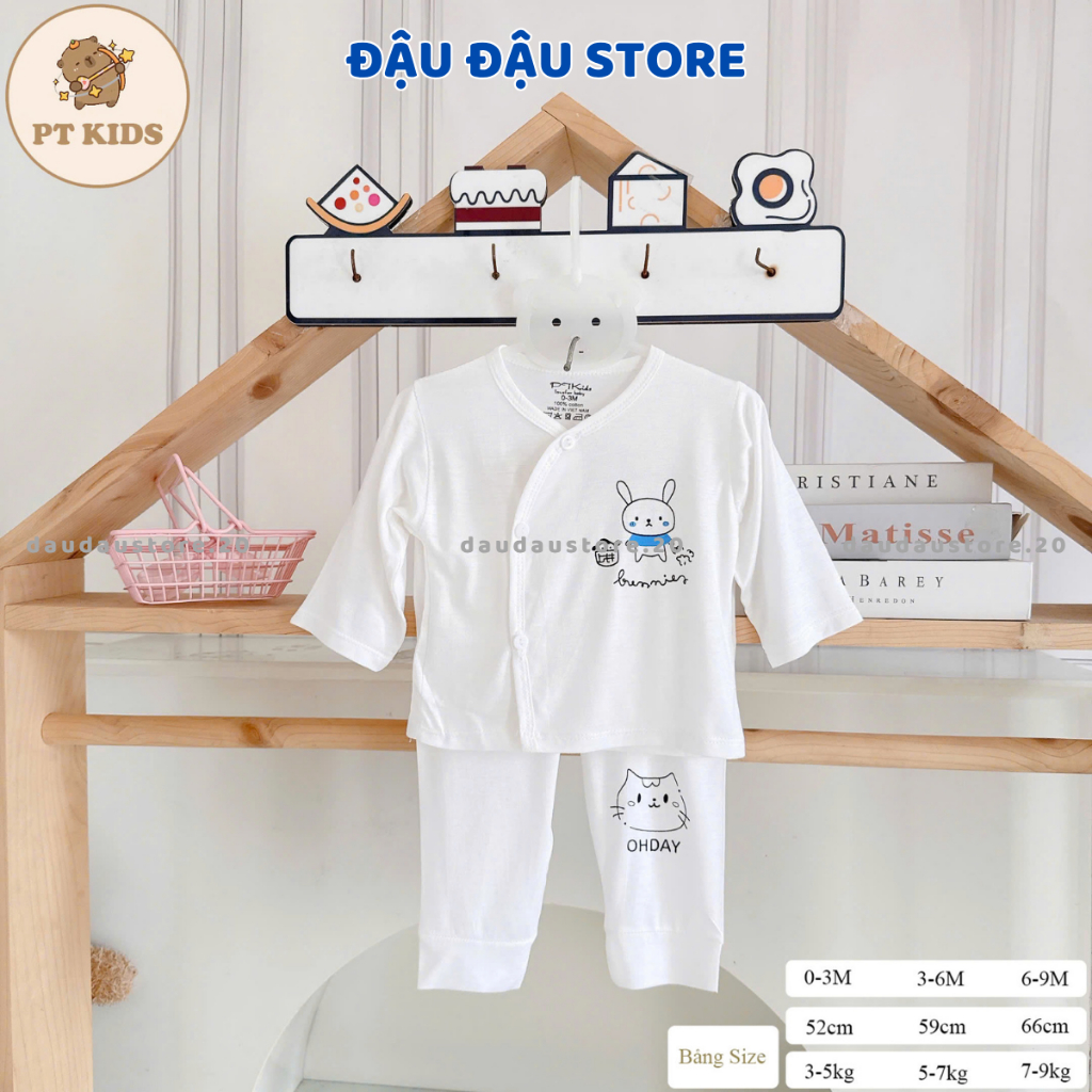 Set 5 bộ quần áo dài tay sơ sinh TT chất thun lạnh mềm mịn cho bé trắng in hoạ tiết cho bé 0 - 9 tháng DL0 Đậu Đậu Store