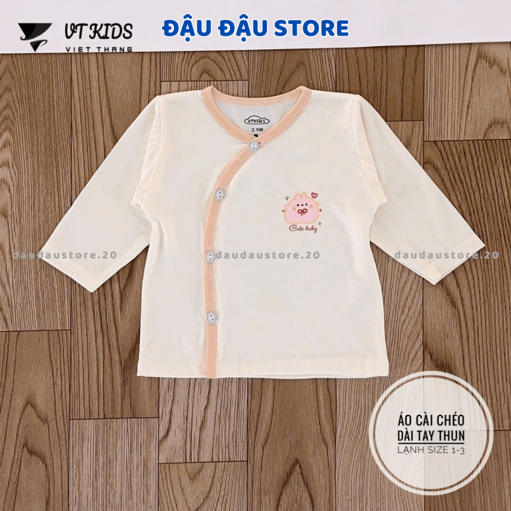 Combo 3/5 Áo dài tay sơ sinh màu kem VT thun lạnh vạt chéo in ngực cho bé sơ sinh 3-9kg [AL10] Đậu Đậu Store