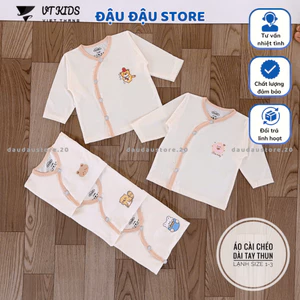 Combo 3/5 Áo dài tay sơ sinh màu kem VT thun lạnh vạt chéo in ngực cho bé sơ sinh 3-9kg [AL10] Đậu Đậu Store
