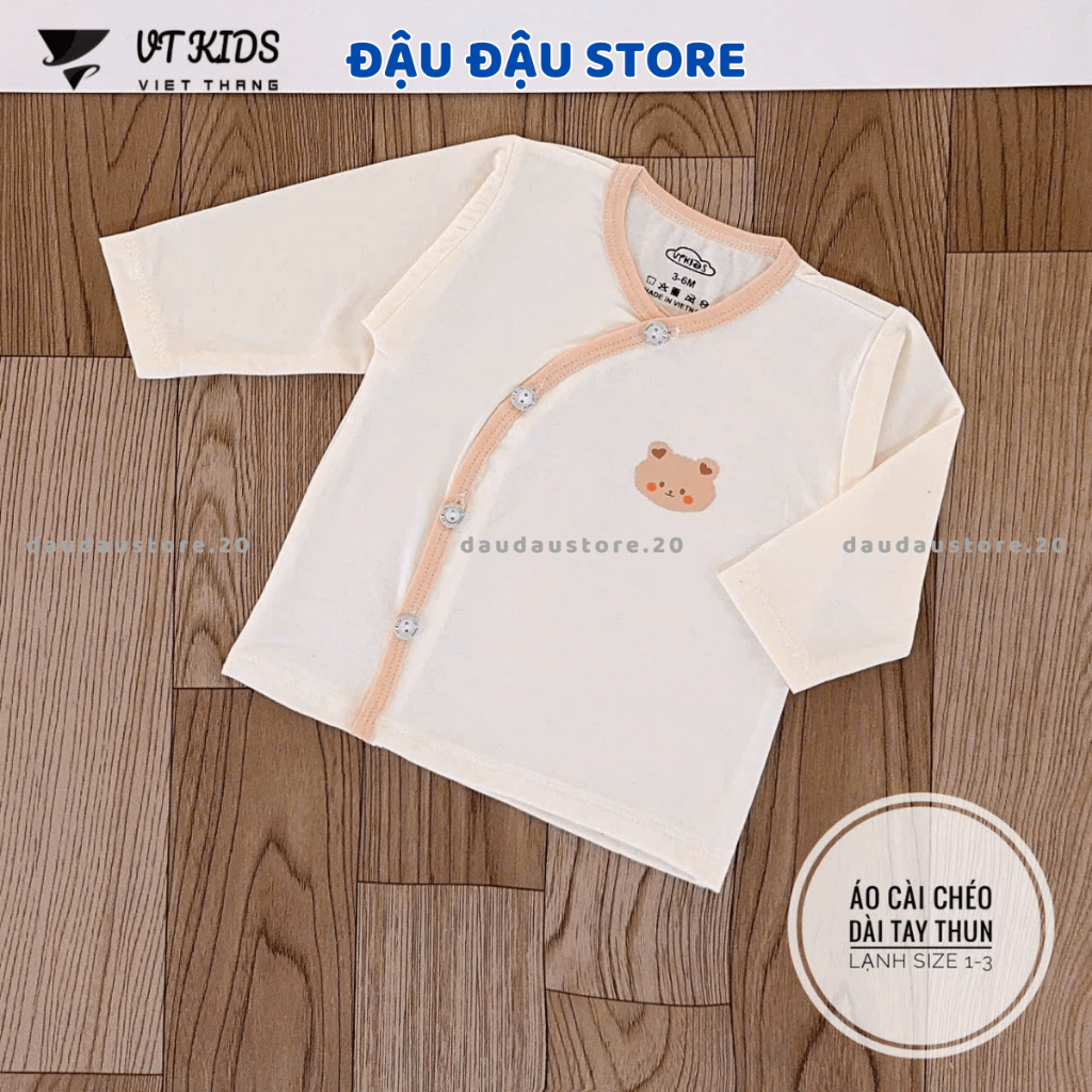 Combo 3/5 Áo dài tay sơ sinh màu kem VT thun lạnh vạt chéo in ngực cho bé sơ sinh 3-9kg [AL10] Đậu Đậu Store