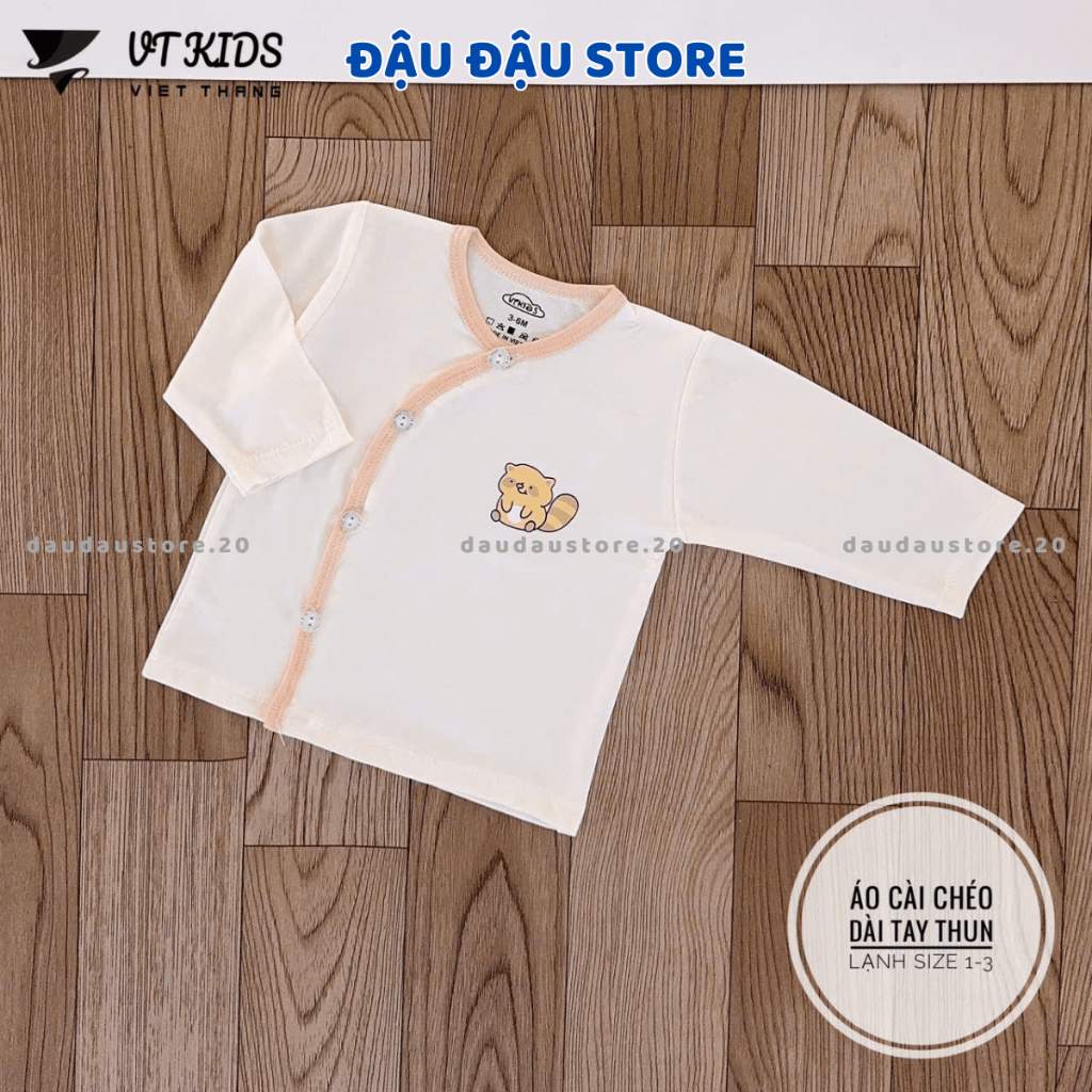 Combo 3/5 Áo dài tay sơ sinh màu kem VT thun lạnh vạt chéo in ngực cho bé sơ sinh 3-9kg [AL10] Đậu Đậu Store