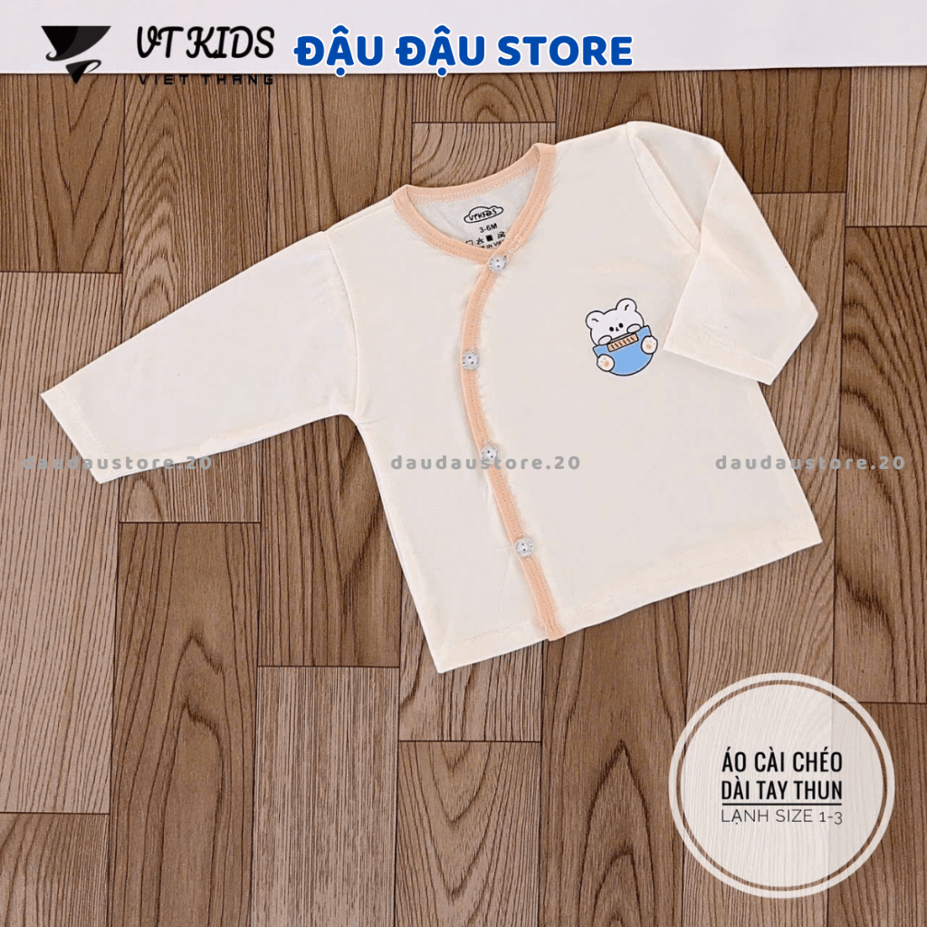 Combo 3/5 Áo dài tay sơ sinh màu kem VT thun lạnh vạt chéo in ngực cho bé sơ sinh 3-9kg [AL10] Đậu Đậu Store