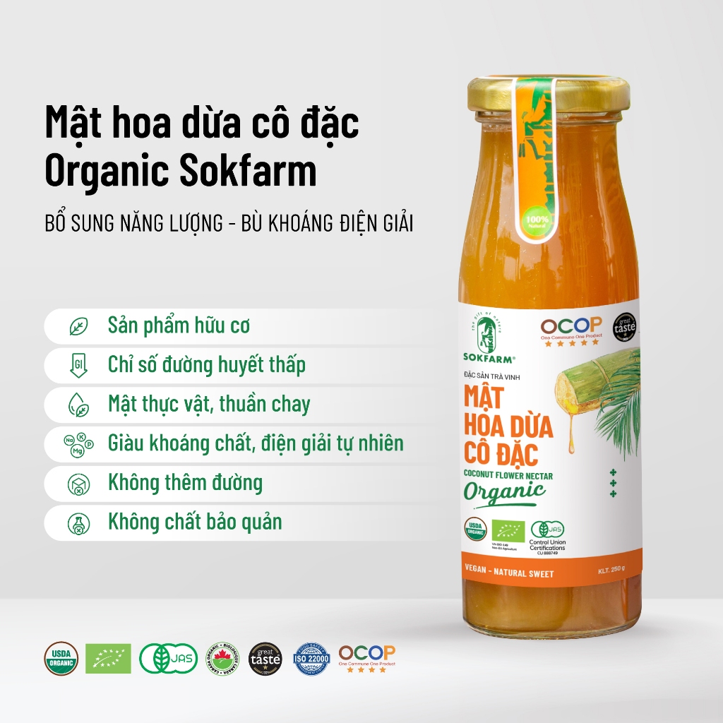 Mật hoa dừa Sokfarm 250g thuần chay, chỉ số đường huyết thấp bổ sung năng lượng bù khoáng điện giải