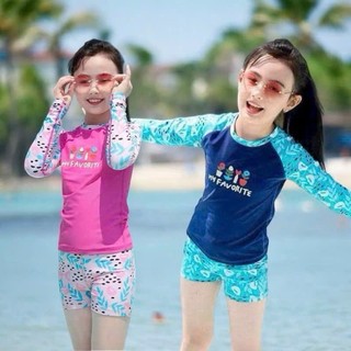 BK46 Đồ bơi bé gái dài tay 2 màu hồng xanh hoa nhí,bộ quần áo đi bơi đi biển bé gái 10-45kg