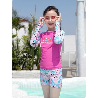 BK46 Đồ bơi bé gái dài tay 2 màu hồng xanh hoa nhí,bộ quần áo đi bơi đi biển bé gái 10-45kg