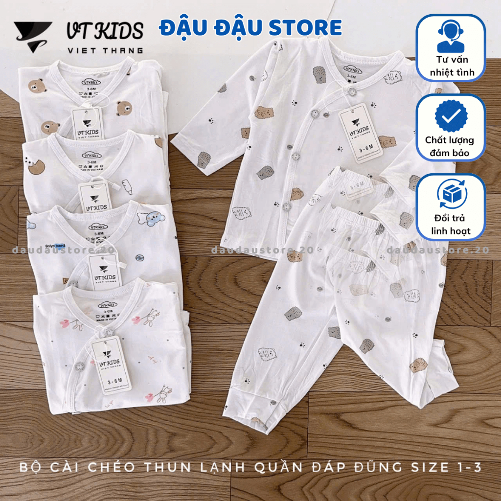 Set 2 - 3 Bộ Dài Tay Trắng VT Sơ Sinh cho bé chất thun lạnh in hoạ tiết cho bé 0 - 9 tháng DL05 Đậu Đậu Store