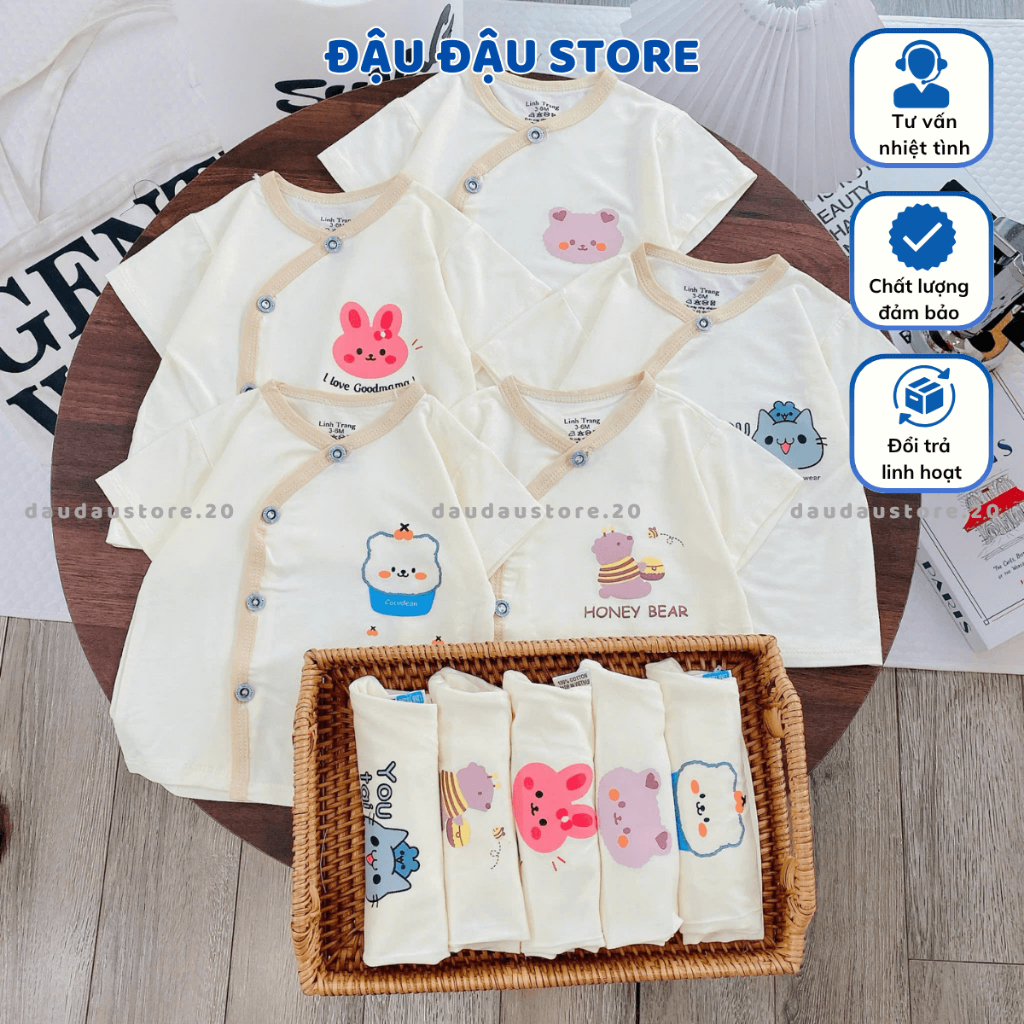 Combo 3/5 Bộ Cộc Tay Sơ Sinh LT Nền Kem Thun Lạnh in ngực mềm mịn cho bé trai bé gái 3-9kg CL77 Đậu Đậu Store
