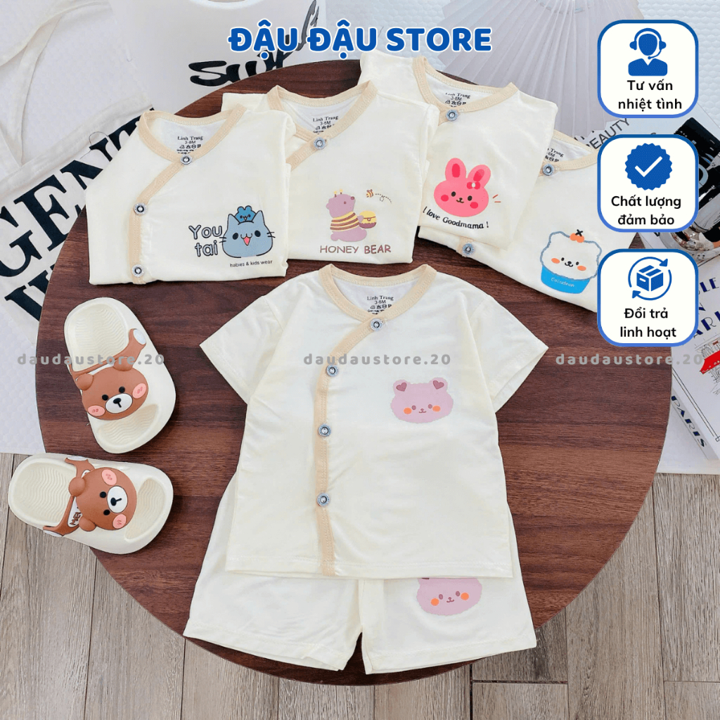 Combo 3/5 Bộ Cộc Tay Sơ Sinh LT Nền Kem Thun Lạnh in ngực mềm mịn cho bé trai bé gái 3-9kg CL77 Đậu Đậu Store