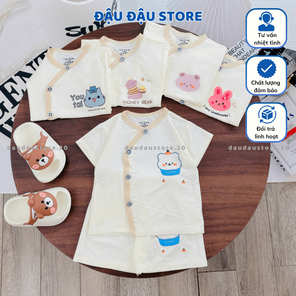 Combo 3/5 Bộ Cộc Tay Sơ Sinh LT Nền Kem Thun Lạnh in ngực mềm mịn cho bé trai bé gái 3-9kg CL77 Đậu Đậu Store