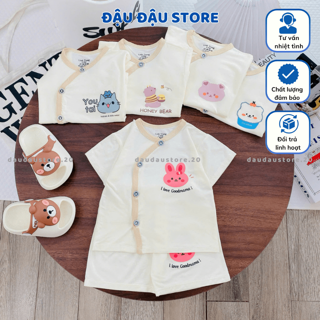 Combo 3/5 Bộ Cộc Tay Sơ Sinh LT Nền Kem Thun Lạnh in ngực mềm mịn cho bé trai bé gái 3-9kg CL77 Đậu Đậu Store