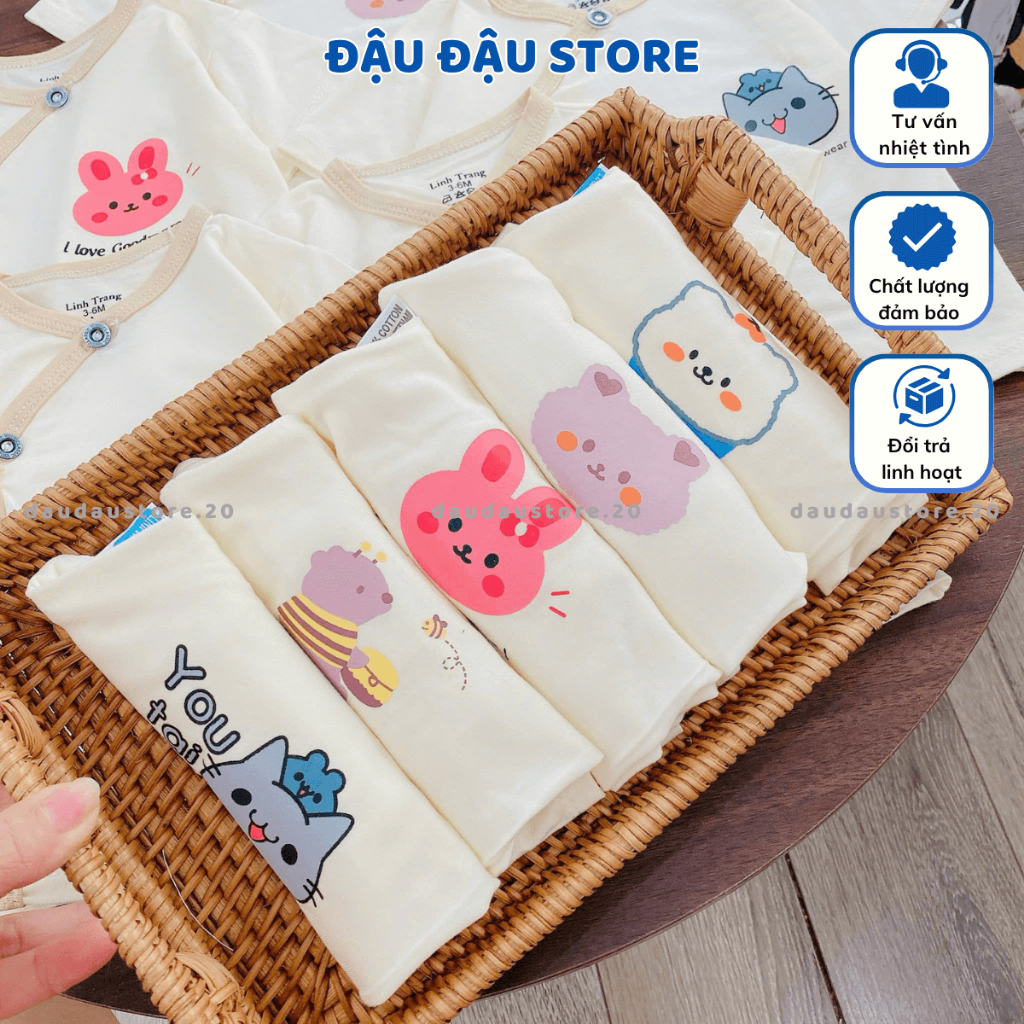 Combo 3/5 Bộ Cộc Tay Sơ Sinh LT Nền Kem Thun Lạnh in ngực mềm mịn cho bé trai bé gái 3-9kg CL77 Đậu Đậu Store