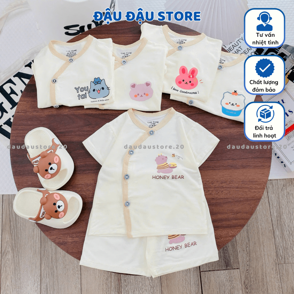 Combo 3/5 Bộ Cộc Tay Sơ Sinh LT Nền Kem Thun Lạnh in ngực mềm mịn cho bé trai bé gái 3-9kg CL77 Đậu Đậu Store