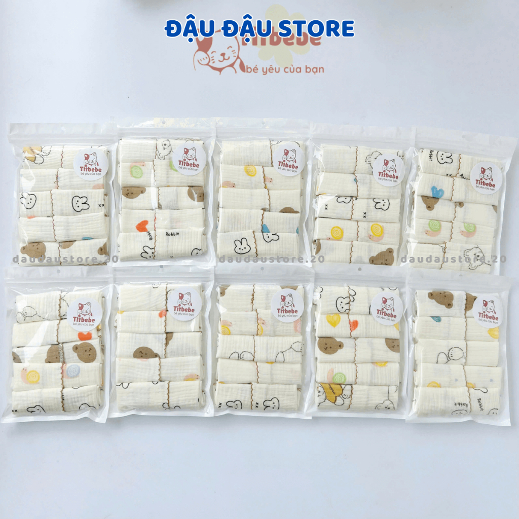 (SET 5 KHĂN) Khăn Sữa Xô Muslin Cho Bé Sơ Sinh 2 lớp cao cấp mềm mại và an toàn cho da bé - KT 28x28cm Đậu Đậu Store