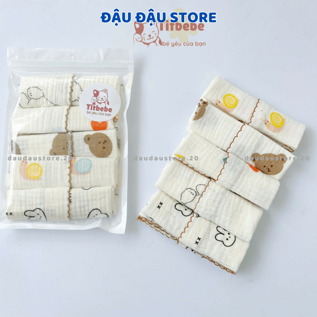 (SET 5 KHĂN) Khăn Sữa Xô Muslin Cho Bé Sơ Sinh 2 lớp cao cấp mềm mại và an toàn cho da bé - KT 28x28cm Đậu Đậu Store