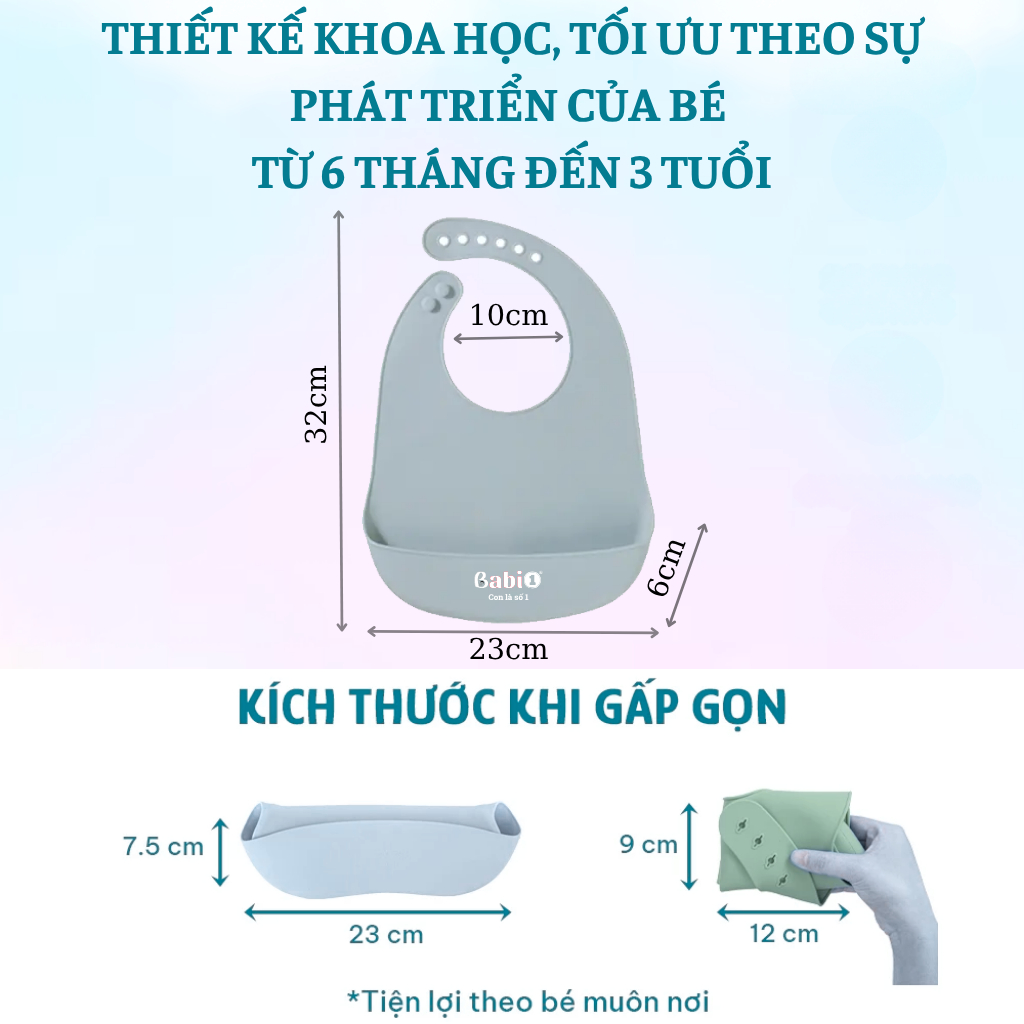 Yếm Ăn Dặm Silicon Babi 1 Máng Sâu Chống Thấm Cho Bé, Gập Gọn