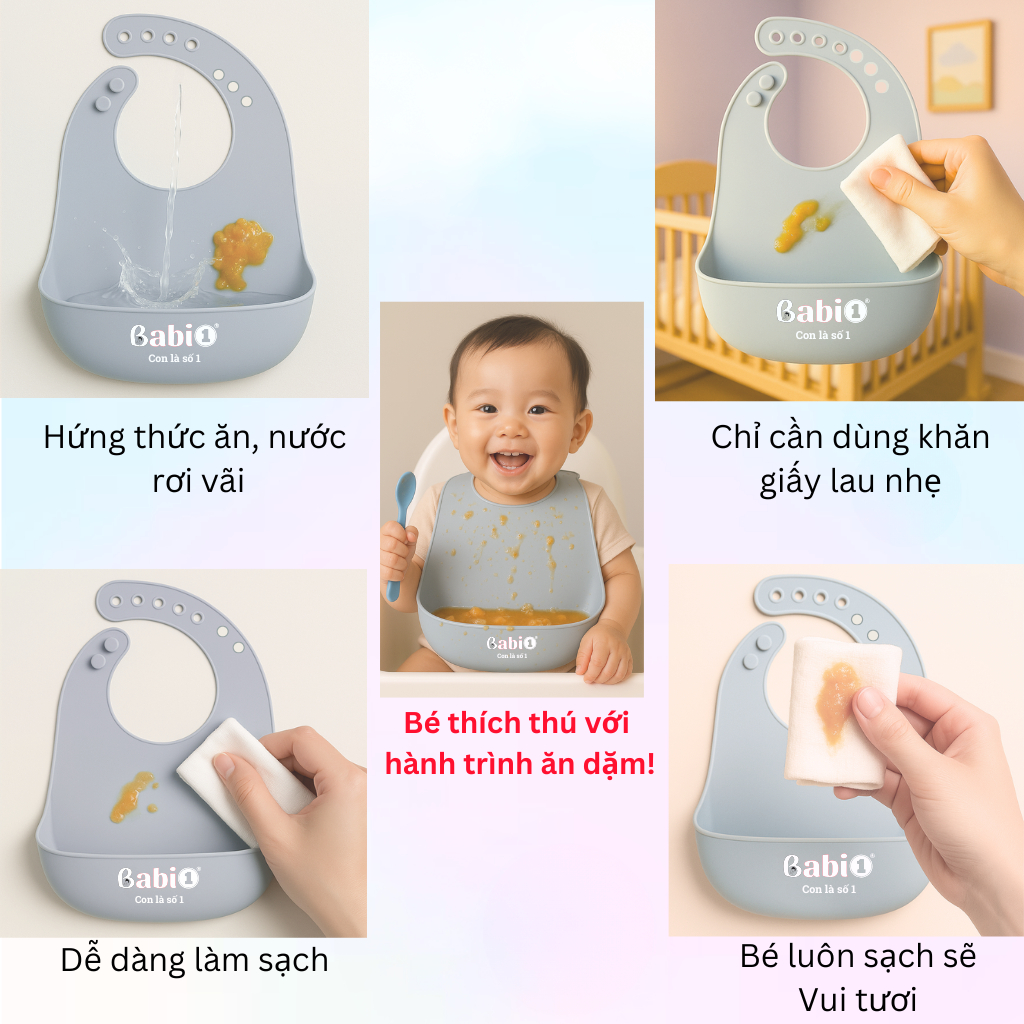 Yếm Ăn Dặm Silicon Babi 1 Máng Sâu Chống Thấm Cho Bé, Gập Gọn