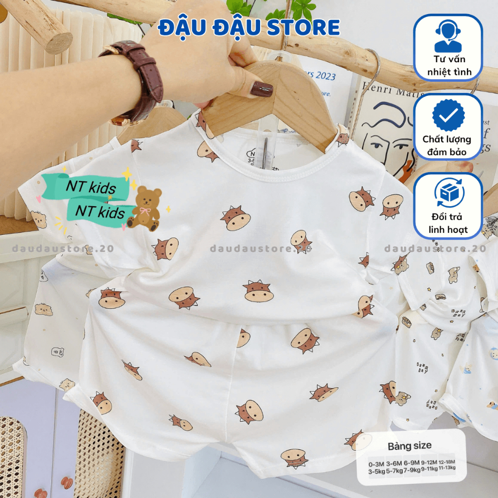 (Bộ Cài Vai) Set 3/5 Bộ Cộc Tay Cài Vai Trắng Thun Lạnh in hoạ tiết cho bé trai gái size 4-14 kg MD-CV08 Đậu Đậu Store