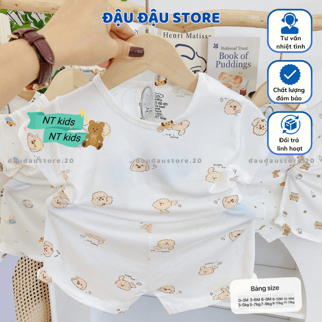 (Bộ Cài Vai) Set 3/5 Bộ Cộc Tay Cài Vai Trắng Thun Lạnh in hoạ tiết cho bé trai gái size 4-14 kg MD-CV08 Đậu Đậu Store