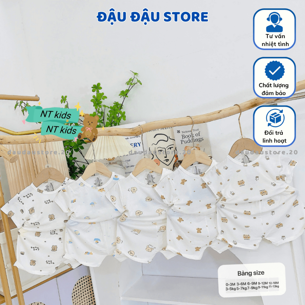 (Bộ Cài Vai) Set 3/5 Bộ Cộc Tay Cài Vai Trắng Thun Lạnh in hoạ tiết cho bé trai gái size 4-14 kg MD-CV08 Đậu Đậu Store