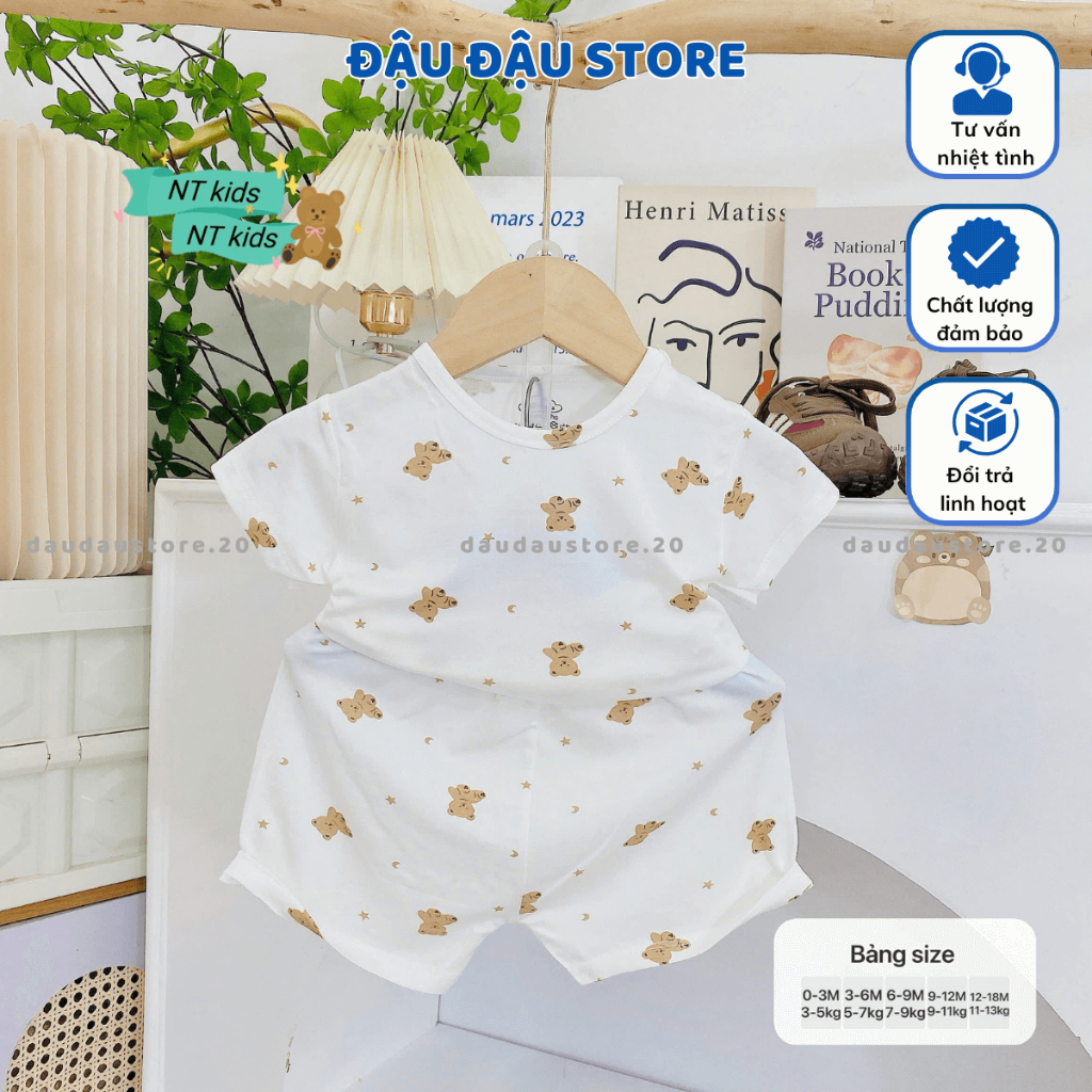 (Bộ Cài Vai) Set 3/5 Bộ Cộc Tay Cài Vai Trắng Thun Lạnh in hoạ tiết cho bé trai gái size 4-14 kg MD-CV08 Đậu Đậu Store