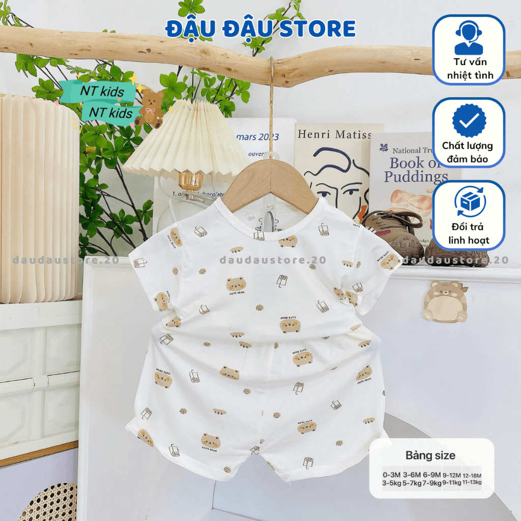 (Bộ Cài Vai) Set 3/5 Bộ Cộc Tay Cài Vai Trắng Thun Lạnh in hoạ tiết cho bé trai gái size 4-14 kg MD-CV08 Đậu Đậu Store