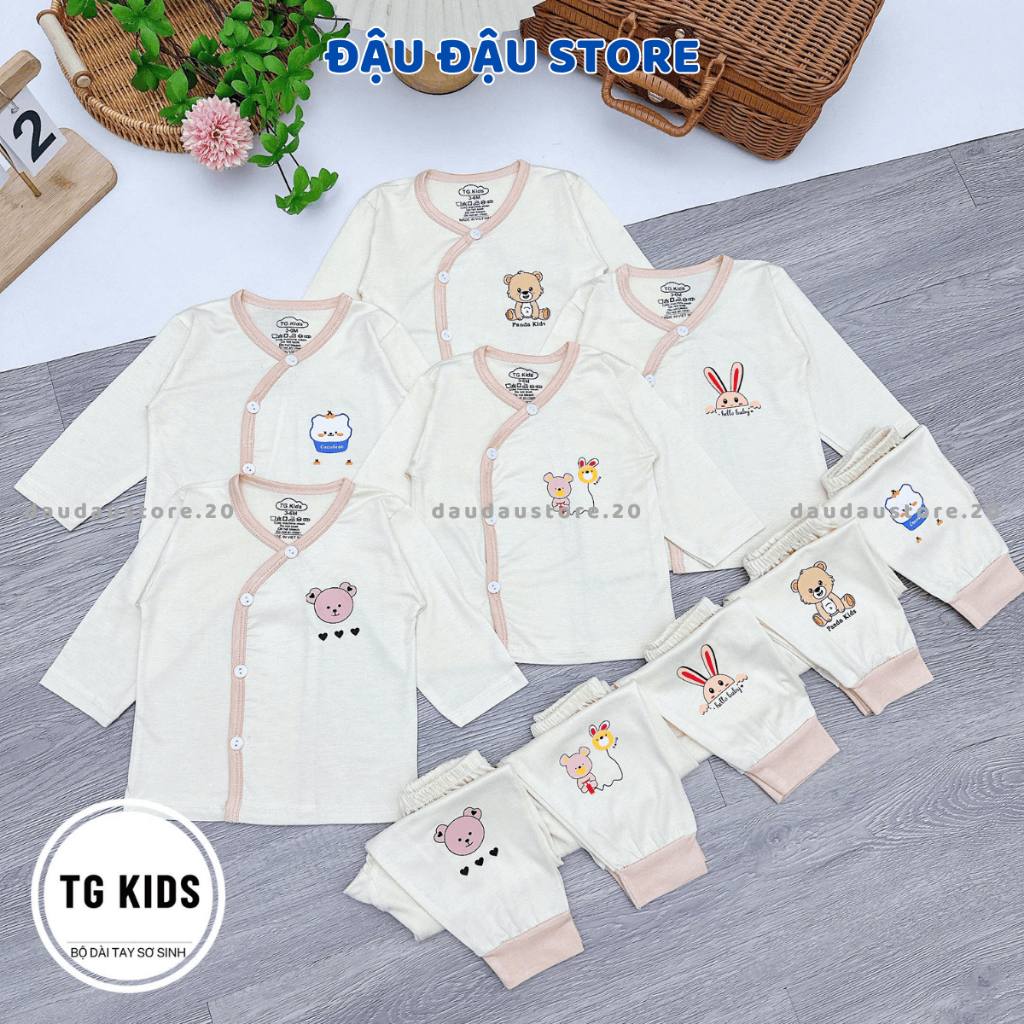 Set 3/5 Bộ quần áo sơ sinh dài tay thun lạnh màu kem in ngực hoạ tiết đơn giản cho bé 0 - 9 tháng [DL03]  Đậu Đậu Store