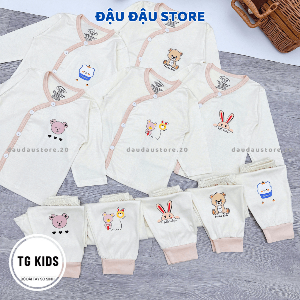 Set 3/5 Bộ quần áo sơ sinh dài tay thun lạnh màu kem in ngực hoạ tiết đơn giản cho bé 0 - 9 tháng [DL03]  Đậu Đậu Store