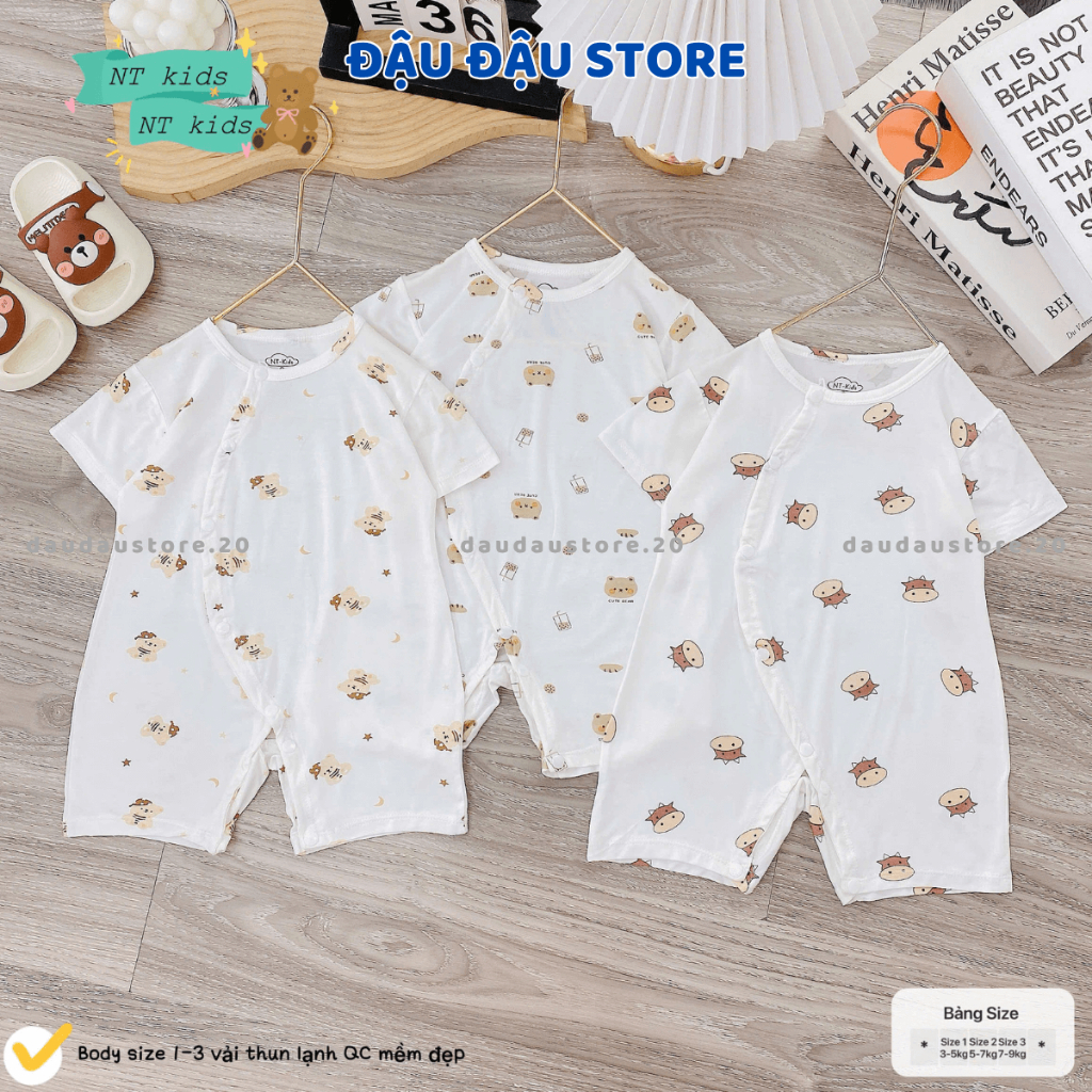 Set 2-3 Bộ Body Cộc Tay  Thun Lạnh Vạt Chéo Cúc Bấm Sơ Sinh mềm mịn cho bé trai bé gái 3-9kg MD-BD01 Đậu Đậu Store
