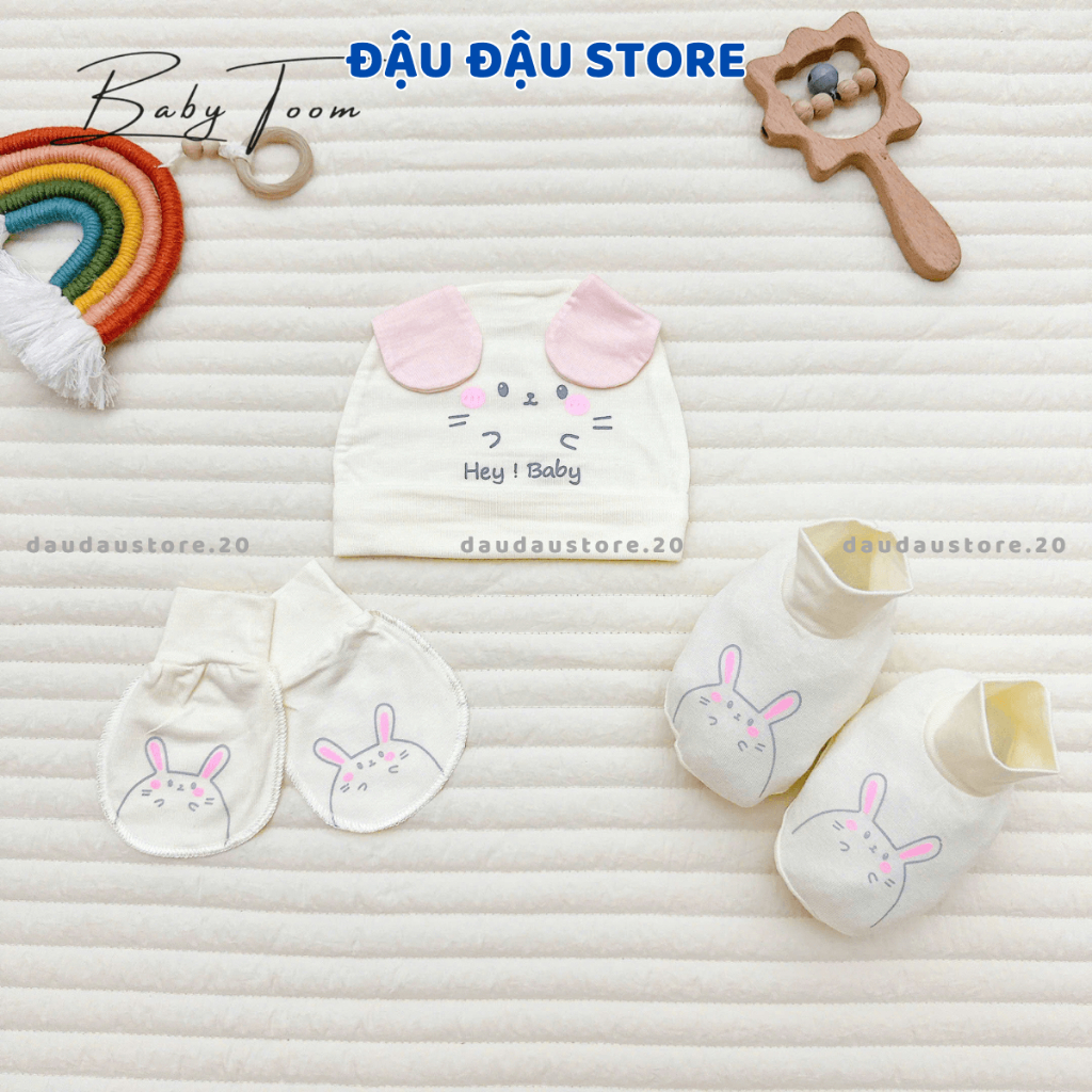 Combo Mũ Bao Tay  Bao Chân BABY TOOM Thun Lạnh Petit Cho Bé Sơ Sinh mềm mịn co giãn in họa tiết Đậu Đậu Store