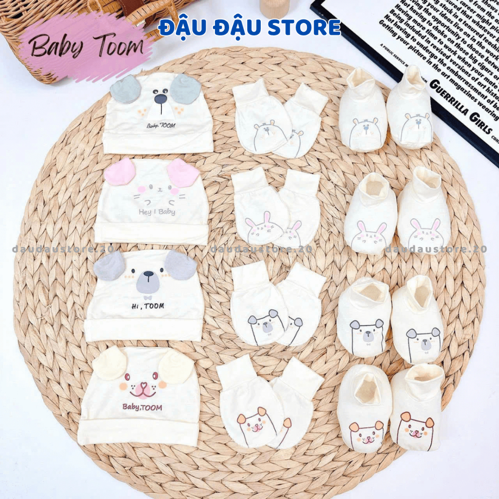 Combo Mũ Bao Tay  Bao Chân BABY TOOM Thun Lạnh Petit Cho Bé Sơ Sinh mềm mịn co giãn in họa tiết Đậu Đậu Store