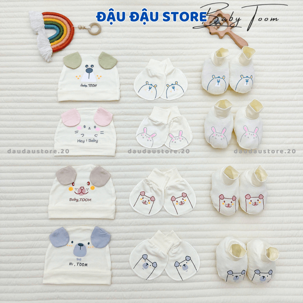 Combo Mũ Bao Tay  Bao Chân BABY TOOM Thun Lạnh Petit Cho Bé Sơ Sinh mềm mịn co giãn in họa tiết Đậu Đậu Store