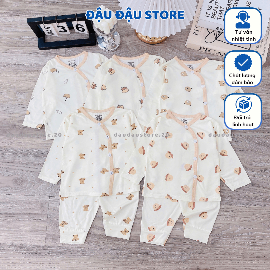 Set 2/3 Bộ dài tay thun lạnh cho bé sơ sinh trơn màu kem vải thun lạnh mềm mịn cho bé trai gái 3-9kg DL12 Đậu Đậu Store