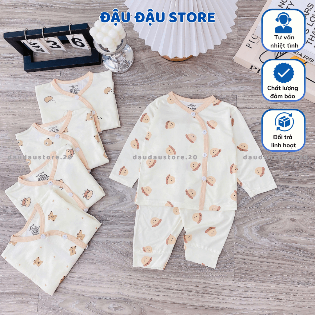 Set 2/3 Bộ dài tay thun lạnh cho bé sơ sinh trơn màu kem vải thun lạnh mềm mịn cho bé trai gái 3-9kg DL12 Đậu Đậu Store