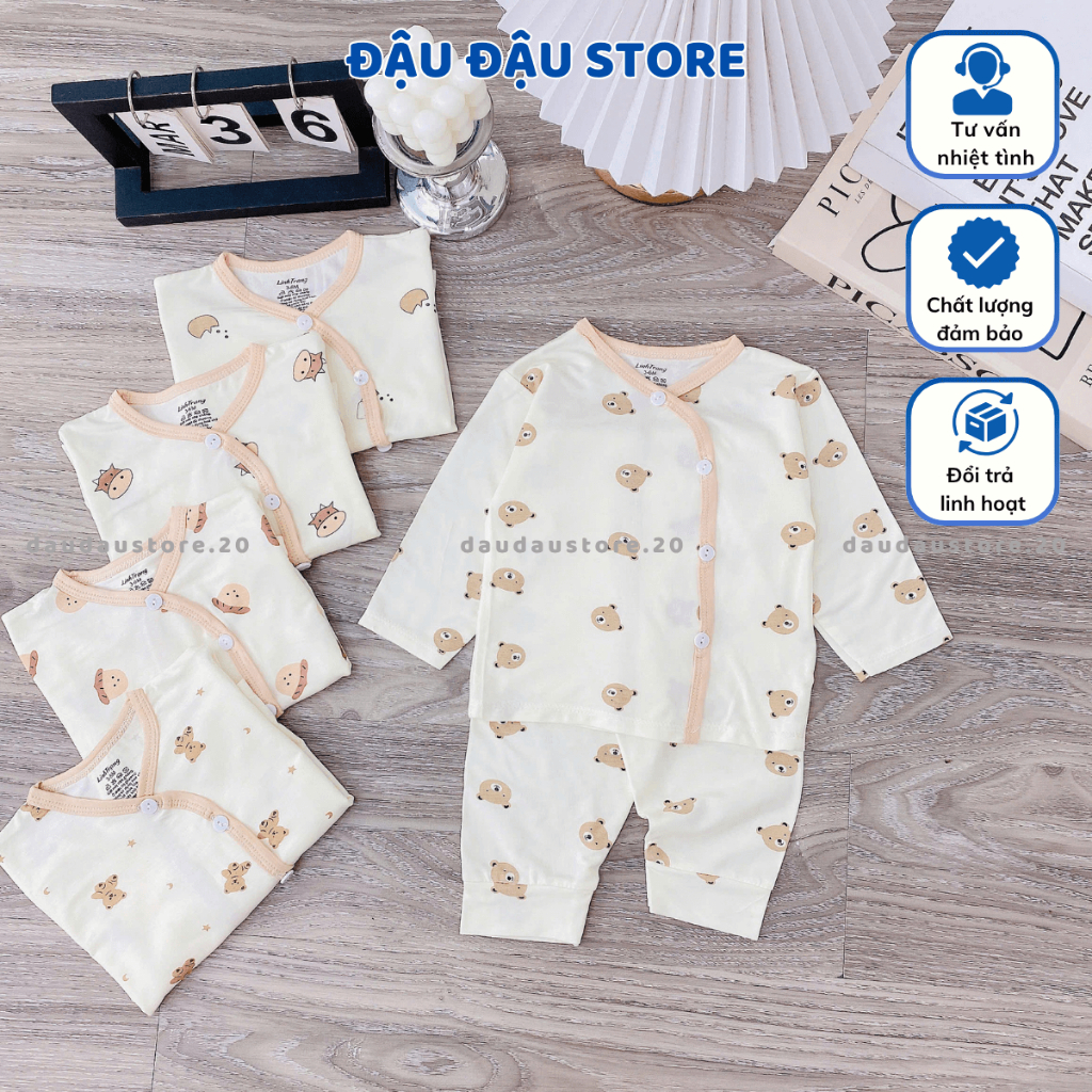 Set 2/3 Bộ dài tay thun lạnh cho bé sơ sinh trơn màu kem vải thun lạnh mềm mịn cho bé trai gái 3-9kg DL12 Đậu Đậu Store