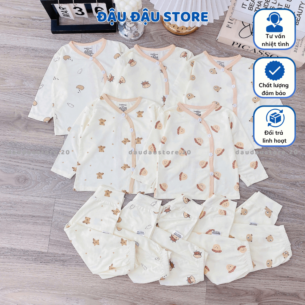 Set 2/3 Bộ dài tay thun lạnh cho bé sơ sinh trơn màu kem vải thun lạnh mềm mịn cho bé trai gái 3-9kg DL12 Đậu Đậu Store