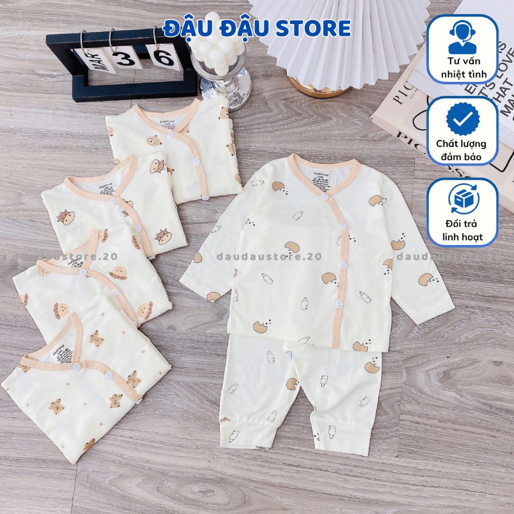 Set 2/3 Bộ dài tay thun lạnh cho bé sơ sinh trơn màu kem vải thun lạnh mềm mịn cho bé trai gái 3-9kg DL12 Đậu Đậu Store