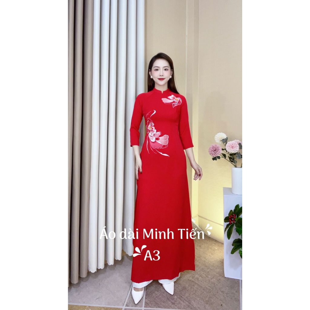 Áo Dài Lụa Mỹ Cao Cấp Họa Tiết Thêu Thủ Công Tỉ Mỉ - Mã A3