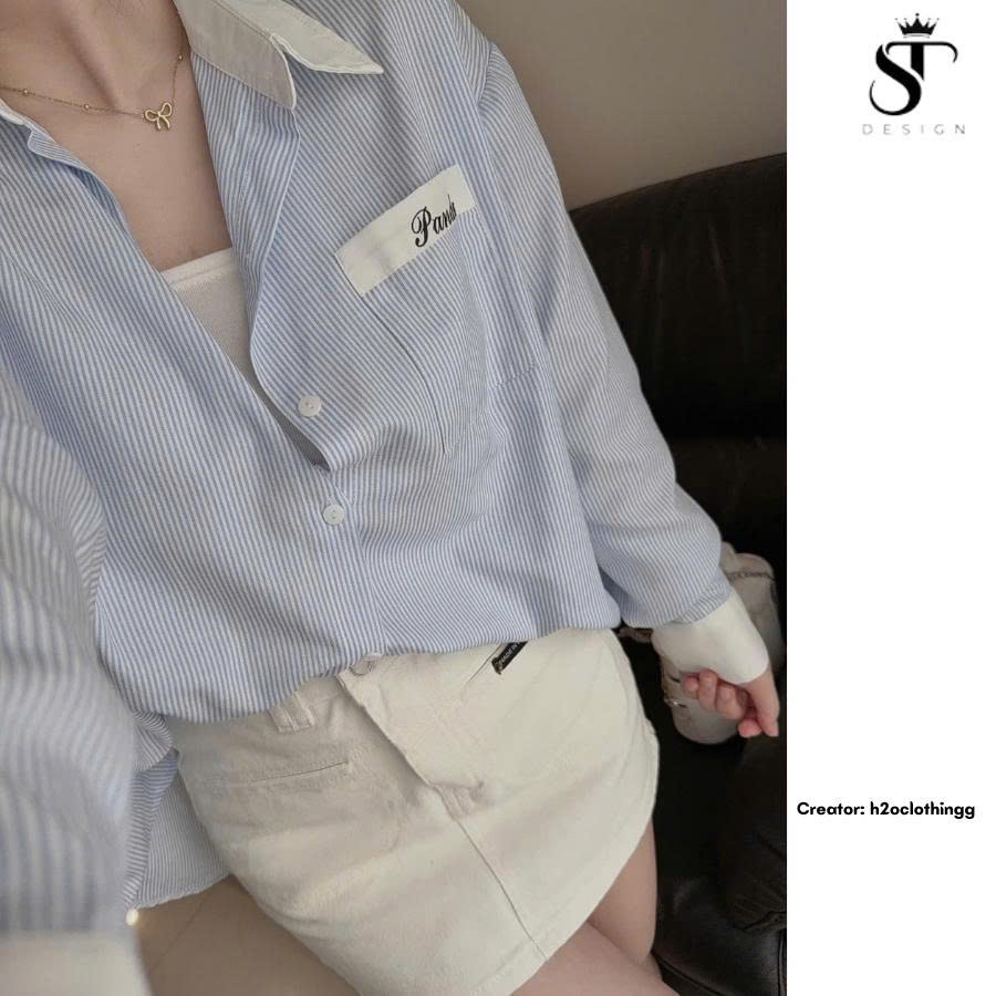 Áo sơ mi kẻ sọc xanh dài tay form rộng Hàn QUốc -Unisex- ST Design-06(ẢNH THẬT SHOP TỰ CHỤP)